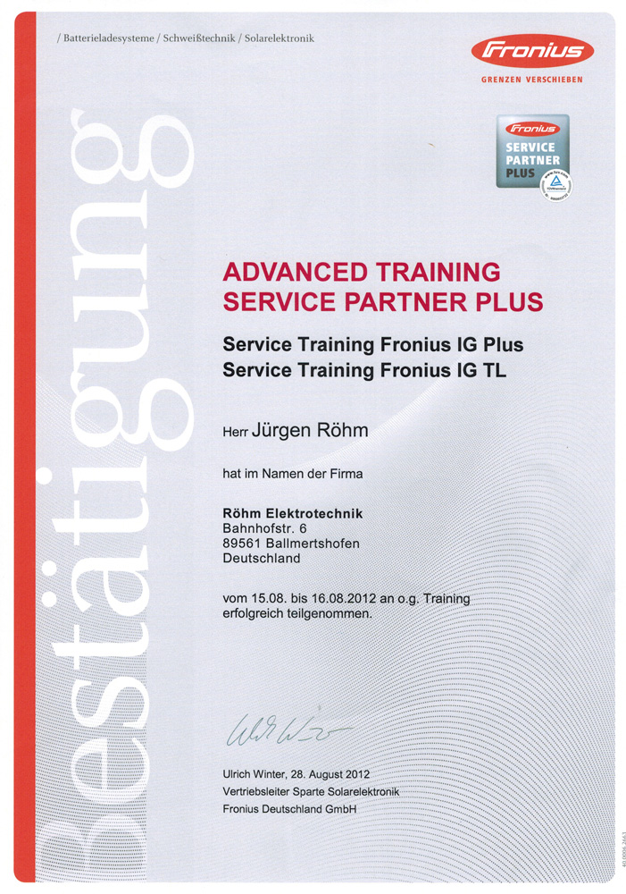 Advanced Training, Fronius Servicepartner Plus